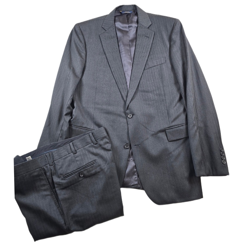 Brooks Brothers Suit Mens 42L 34x31 Charcoal Wool Herringbone Vitale Barberis